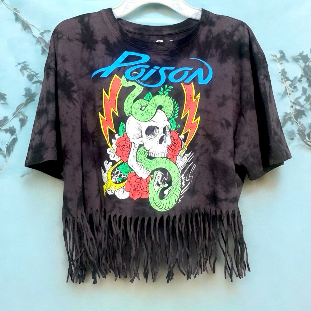 Poison Band Tee | 100% Cotton | Tye-Dye Fringe Crop Top | Skull Snake Graphic |
